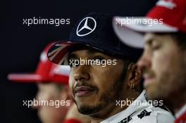 Lewis Hamilton (GBR) Mercedes AMG F1 and Sebastian Vettel (GER) Ferrari in the post qualifying FIA Press Conference. 15.07.2017. Formula 1 World Championship, Rd 10, British Grand Prix, Silverstone, England, Qualifying Day.