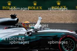 Lewis Hamilton (GBR) Mercedes AMG F1 W08 celebrates his pole position. 15.07.2017. Formula 1 World Championship, Rd 10, British Grand Prix, Silverstone, England, Qualifying Day.