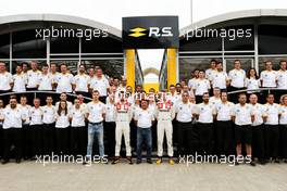 (L to R): Sergey Sirotkin (RUS) Renault Sport F1 Team Third Driver; Jolyon Palmer (GBR) Renault Sport F1 Team; Rene Arnoux (FRA); and Nico Hulkenberg (GER) Renault Sport F1 Team, celebrate 40 years of Renault Sport in F1, with the team. 16.07.2017. Formula 1 World Championship, Rd 10, British Grand Prix, Silverstone, England, Race Day.