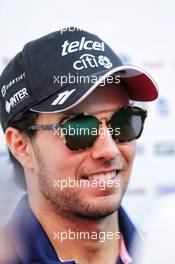 Sergio Perez (MEX) Sahara Force India F1 with the media. 28.07.2017. Formula 1 World Championship, Rd 11, Hungarian Grand Prix, Budapest, Hungary, Practice Day.