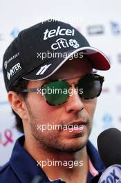 Sergio Perez (MEX) Sahara Force India F1 with the media. 28.07.2017. Formula 1 World Championship, Rd 11, Hungarian Grand Prix, Budapest, Hungary, Practice Day.