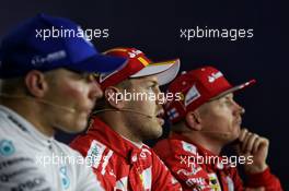 Qualifying top three in the FIA Press Conference (L to R): Valtteri Bottas (FIN) Mercedes AMG F1, third, Sebastian Vettel (GER) Ferrari; pole position; Kimi Raikkonen (FIN) Ferrari, second. 29.07.2017. Formula 1 World Championship, Rd 11, Hungarian Grand Prix, Budapest, Hungary, Qualifying Day.