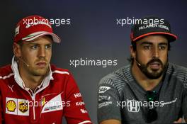 (L to R): Sebastian Vettel (GER) Ferrari with Fernando Alonso (ESP) McLaren in the FIA Press Conference. 27.07.2017. Formula 1 World Championship, Rd 11, Hungarian Grand Prix, Budapest, Hungary, Preparation Day.