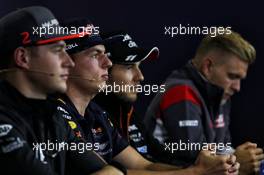 (L to R): Stoffel Vandoorne (BEL) McLaren; Max Verstappen (NLD) Red Bull Racing; Sergio Perez (MEX) Sahara Force India F1; and Kevin Magnussen (DEN) Haas F1 Team, in the FIA Press Conference. 27.07.2017. Formula 1 World Championship, Rd 11, Hungarian Grand Prix, Budapest, Hungary, Preparation Day.