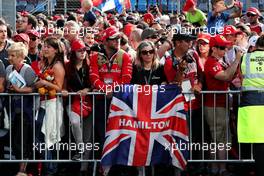 Fans in the pit lane and a flag for Lewis Hamilton (GBR) Mercedes AMG F1. 27.07.2017. Formula 1 World Championship, Rd 11, Hungarian Grand Prix, Budapest, Hungary, Preparation Day.