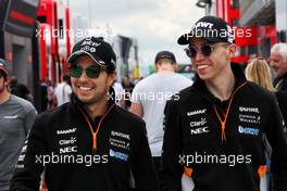 (L to R): Sergio Perez (MEX) Sahara Force India F1 with Will Hings (GBR) Sahara Force India F1 Press Officer. 27.07.2017. Formula 1 World Championship, Rd 11, Hungarian Grand Prix, Budapest, Hungary, Preparation Day.