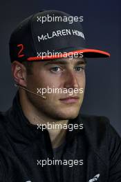 Stoffel Vandoorne (BEL) McLaren in the FIA Press Conference. 27.07.2017. Formula 1 World Championship, Rd 11, Hungarian Grand Prix, Budapest, Hungary, Preparation Day.