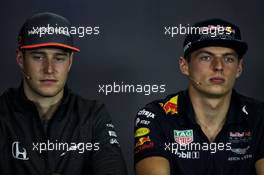 (L to R): Stoffel Vandoorne (BEL) McLaren with Max Verstappen (NLD) Red Bull Racing in the FIA Press Conference. 27.07.2017. Formula 1 World Championship, Rd 11, Hungarian Grand Prix, Budapest, Hungary, Preparation Day.