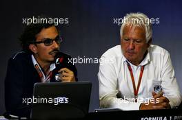(L to R): Laurent Mekies (FRA) FIA Safety Director with Charlie Whiting (GBR) FIA Delegate in a FIA Press Conference. 27.07.2017. Formula 1 World Championship, Rd 11, Hungarian Grand Prix, Budapest, Hungary, Preparation Day.