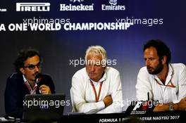 (L to R): Laurent Mekies (FRA) FIA Safety Director with Charlie Whiting (GBR) FIA Delegate and Matteo Bonciani (ITA) FIA Media Delegate in a FIA Press Conference. 27.07.2017. Formula 1 World Championship, Rd 11, Hungarian Grand Prix, Budapest, Hungary, Preparation Day.