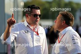 Zak Brown (USA) McLaren Executive Director with Eric Boullier (FRA) McLaren Racing Director 01.09.2017. Formula 1 World Championship, Rd 13, Italian Grand Prix, Monza, Italy, Practice Day.