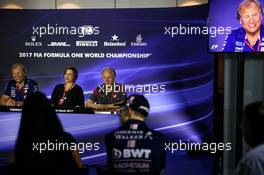 (L to R): Robert Fernley (GBR) Sahara Force India F1 Team Deputy Team Principal; Claire Williams (GBR) Williams Deputy Team Principal; and Gene Haas (USA) Haas Automotion President; in the FIA Press Conference. 01.09.2017. Formula 1 World Championship, Rd 13, Italian Grand Prix, Monza, Italy, Practice Day.