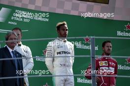 The podium (L to R): Valtteri Bottas (FIN) Mercedes AMG F1, second; Lewis Hamilton (GBR) Mercedes AMG F1, race winner; Sebastian Vettel (GER) Ferrari, third. 03.09.2017. Formula 1 World Championship, Rd 13, Italian Grand Prix, Monza, Italy, Race Day.