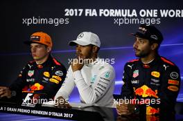 The position qualifying FIA Press Conference (L to R): Max Verstappen (NLD) Red Bull Racing; Lewis Hamilton (GBR) Mercedes AMG F1; Daniel Ricciardo (AUS) Red Bull Racing. 02.09.2017. Formula 1 World Championship, Rd 13, Italian Grand Prix, Monza, Italy, Qualifying Day.