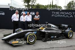 (L to R): Ross Brawn (GBR) Managing Director, Motor Sports; Charlie Whiting (GBR) FIA Delegate; Bruno Michel (FRA) F2 CEO; and Mario Isola (ITA) Pirelli Racing Manager, unveil the 2018 F2 car. 31.08.2017. Formula 1 World Championship, Rd 13, Italian Grand Prix, Monza, Italy, Preparation Day.