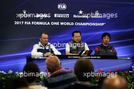 The FIA Press Conference (L to R): Paddy Lowe (GBR) Williams Chief Technical Officer; Yusuke Hasegawa (JPN) Head of Honda F1 Programme; Ayao Komatsu (JPN) Haas F1 Team Race Engineer. 06.10.2017. Formula 1 World Championship, Rd 16, Japanese Grand Prix, Suzuka, Japan, Practice Day.