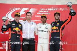 1st place Lewis Hamilton (GBR) Mercedes AMG F1 W08, 2nd place Max Verstappen (NLD) Red Bull Racing RB13 and 3rd place Daniel Ricciardo (AUS) Red Bull Racing RB13. 08.10.2017. Formula 1 World Championship, Rd 16, Japanese Grand Prix, Suzuka, Japan, Race Day.