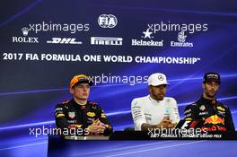 The post race FIA Press Conference (L to R): Max Verstappen (NLD) Red Bull Racing, second; Lewis Hamilton (GBR) Mercedes AMG F1, race winner; Daniel Ricciardo (AUS) Red Bull Racing, third. 08.10.2017. Formula 1 World Championship, Rd 16, Japanese Grand Prix, Suzuka, Japan, Race Day.