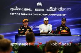 The post race FIA Press Conference (L to R): Max Verstappen (NLD) Red Bull Racing, second; Lewis Hamilton (GBR) Mercedes AMG F1, race winner; Daniel Ricciardo (AUS) Red Bull Racing, third. 08.10.2017. Formula 1 World Championship, Rd 16, Japanese Grand Prix, Suzuka, Japan, Race Day.