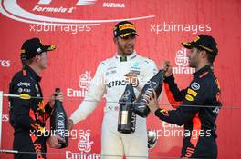 1st place Lewis Hamilton (GBR) Mercedes AMG F1 W08, 2nd place Max Verstappen (NLD) Red Bull Racing RB13 and 3rd place Daniel Ricciardo (AUS) Red Bull Racing RB13. 08.10.2017. Formula 1 World Championship, Rd 16, Japanese Grand Prix, Suzuka, Japan, Race Day.