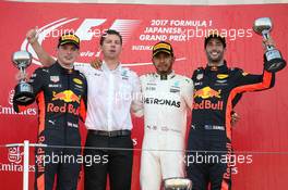 1st place Lewis Hamilton (GBR) Mercedes AMG F1 W08, 2nd place Max Verstappen (NLD) Red Bull Racing RB13 and 3rd place Daniel Ricciardo (AUS) Red Bull Racing RB13. 08.10.2017. Formula 1 World Championship, Rd 16, Japanese Grand Prix, Suzuka, Japan, Race Day.