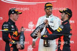 1st place Lewis Hamilton (GBR) Mercedes AMG F1 W08, 2nd place Max Verstappen (NLD) Red Bull Racing RB13 and 3rd place Daniel Ricciardo (AUS) Red Bull Racing RB13. 08.10.2017. Formula 1 World Championship, Rd 16, Japanese Grand Prix, Suzuka, Japan, Race Day.