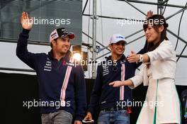 (L to R): Sergio Perez (MEX) Sahara Force India F1 and team mate Esteban Ocon (FRA) Sahara Force India F1 Team. 07.10.2017. Formula 1 World Championship, Rd 16, Japanese Grand Prix, Suzuka, Japan, Qualifying Day.