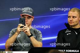 (L to R): Stoffel Vandoorne (BEL) McLaren and Valtteri Bottas (FIN) Mercedes AMG F1 in the FIA Press Conference. 05.10.2017. Formula 1 World Championship, Rd 16, Japanese Grand Prix, Suzuka, Japan, Preparation Day.