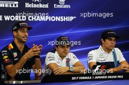(L to R): Daniel Ricciardo (AUS) Red Bull Racing; Felipe Massa (BRA) Williams; and Lance Stroll (CDN) Williams FW40, in the FIA Press Conference. 05.10.2017. Formula 1 World Championship, Rd 16, Japanese Grand Prix, Suzuka, Japan, Preparation Day.