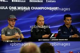 The FIA Press Conference (L to R): Stoffel Vandoorne (BEL) McLaren; Valtteri Bottas (FIN) Mercedes AMG F1; Pascal Wehrlein (GER) Sauber F1 Team. 05.10.2017. Formula 1 World Championship, Rd 16, Japanese Grand Prix, Suzuka, Japan, Preparation Day.