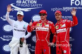 Qualifying top three in parc ferme (L to R): Valtteri Bottas (FIN) Mercedes AMG F1, third; Kimi Raikkonen (FIN) Ferrari, pole position; Sebastian Vettel (GER) Ferrari, second. 27.05.2017. Formula 1 World Championship, Rd 6, Monaco Grand Prix, Monte Carlo, Monaco, Qualifying Day.