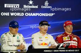 The post race FIA Press Conference (L to R): Valtteri Bottas (FIN) Mercedes AMG F1; Max Verstappen (NLD) Red Bull Racing; Kimi Raikkonen (FIN) Ferrari.  29.10.2017. Formula 1 World Championship, Rd 18, Mexican Grand Prix, Mexico City, Mexico, Race Day.