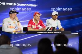 (L to R): Max Verstappen (NLD) Red Bull Racing; Sebastian Vettel (GER) Ferrari; Lewis Hamilton (GBR) Mercedes AMG F1, in the post qualifying FIA Press Conference. 28.10.2017. Formula 1 World Championship, Rd 18, Mexican Grand Prix, Mexico City, Mexico, Qualifying Day.