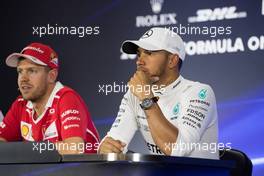 (L to R): Sebastian Vettel (GER) Ferrari and Lewis Hamilton (GBR) Mercedes AMG F1 in the post qualifying FIA Press Conference. 28.10.2017. Formula 1 World Championship, Rd 18, Mexican Grand Prix, Mexico City, Mexico, Qualifying Day.