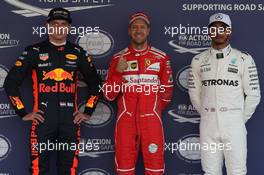 Pole position Sebastian Vettel (GER) Ferrari SF70H, 2nd Max Verstappen (NLD) Red Bull Racing RB13 and 3rd Lewis Hamilton (GBR) Mercedes AMG F1 W08. 28.10.2017. Formula 1 World Championship, Rd 18, Mexican Grand Prix, Mexico City, Mexico, Qualifying Day.