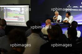 Charlie Whiting (GBR) FIA Delegate and Matteo Bonciani (ITA) FIA Media Delegate in an FIA Press Conference regarding track limits. 26.10.2017. Formula 1 World Championship, Rd 18, Mexican Grand Prix, Mexico City, Mexico, Preparation Day.