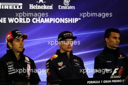 (L to R): Sergio Perez (MEX) Sahara Force India F1; Max Verstappen (NLD) Red Bull Racing; and Pascal Wehrlein (GER) Sauber F1 Team, in the FIA Press Conference. 26.10.2017. Formula 1 World Championship, Rd 18, Mexican Grand Prix, Mexico City, Mexico, Preparation Day.
