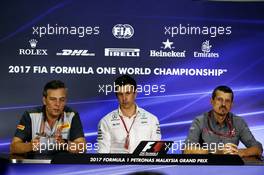 The FIA Press Conference (L to R): Mario Isola (ITA) Pirelli Racing Manager; Toto Wolff (GER) Mercedes AMG F1 Shareholder and Executive Director; Guenther Steiner (ITA) Haas F1 Team Prinicipal. 29.09.2017. Formula 1 World Championship, Rd 15, Malaysian Grand Prix, Sepang, Malaysia, Friday.