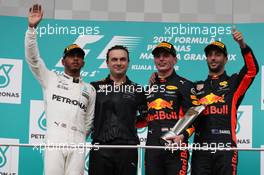 1st place Max Verstappen (NLD) Red Bull Racing RB13, 2nd place Lewis Hamilton (GBR) Mercedes AMG F1 W08 and 3rd place Daniel Ricciardo (AUS) Red Bull Racing RB13. 01.10.2017. Formula 1 World Championship, Rd 15, Malaysian Grand Prix, Sepang, Malaysia, Sunday.