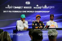 The post race FIA Press Conference (L to R): Lewis Hamilton (GBR) Mercedes AMG F1, second; Max Verstappen (NLD) Red Bull Racing, race winner; Daniel Ricciardo (AUS) Red Bull Racing, third. 01.10.2017. Formula 1 World Championship, Rd 15, Malaysian Grand Prix, Sepang, Malaysia, Sunday.