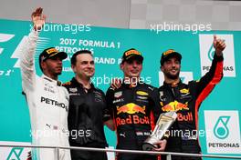 The podium (L to R): Lewis Hamilton (GBR) Mercedes AMG F1, second; Max Verstappen (NLD) Red Bull Racing, race winner; Daniel Ricciardo (AUS) Red Bull Racing, third. 01.10.2017. Formula 1 World Championship, Rd 15, Malaysian Grand Prix, Sepang, Malaysia, Sunday.