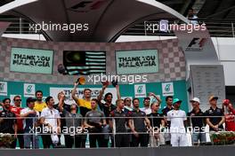 The drivers on the podium say thank you to Malaysia and their Grand Prix. 01.10.2017. Formula 1 World Championship, Rd 15, Malaysian Grand Prix, Sepang, Malaysia, Sunday.