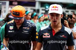 (L to R): Max Verstappen (NLD) Red Bull Racing and Pierre Gasly (FRA) Scuderia Toro Rosso on the drivers parade. 01.10.2017. Formula 1 World Championship, Rd 15, Malaysian Grand Prix, Sepang, Malaysia, Sunday.
