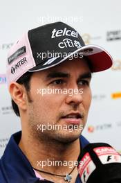 Sergio Perez (MEX) Sahara Force India F1 with the media. 28.09.2017. Formula 1 World Championship, Rd 15, Malaysian Grand Prix, Sepang, Malaysia, Thursday.