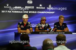 The FIA Press Conference (L to R): Pierre Gasly (FRA) Scuderia Toro Rosso; Carlos Sainz Jr (ESP) Scuderia Toro Rosso; Marcus Ericsson (SWE) Sauber F1 Team. 28.09.2017. Formula 1 World Championship, Rd 15, Malaysian Grand Prix, Sepang, Malaysia, Thursday.