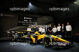 (L to R): Bob Bell (GBR) Renault Sport F1 Team Chief Technical Officer; Nico Hulkenberg (GER) Renault Sport F1 Team; Jolyon Palmer (GBR) Renault Sport F1 Team; Jerome Stoll (FRA) Renault Sport F1 President; Alain Prost (FRA); Mandhir Singh, Castol COO; Sergey Sirotkin (RUS) Renault Sport F1 Team Third Driver; Thierry Koskas, Renault Executive Vice President of Sales and Marketing; Pepijn Richter, Microsoft Director of Product Marketing; Tommaso Volpe, Infiniti Global Director of Motorsport; Cyril Abiteboul (FRA) Renault Sport F1 Managing Director, with the Renault Sport F1 Team RS17. 21.02.2017. Renault Sport Formula One Team RS17 Launch, Royal Horticultural Society Headquarters, London, England.