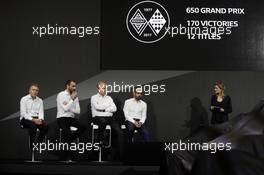 (L to R): Bob Bell (GBR) Renault Sport F1 Team Chief Technical Officer with Cyril Abiteboul (FRA) Renault Sport F1 Managing Director; Jerome Stoll (FRA) Renault Sport F1 President; and Thierry Koskas, Renault Executive Vice President of Sales and Marketing. 21.02.2017. Renault Sport Formula One Team RS17 Launch, Royal Horticultural Society Headquarters, London, England.