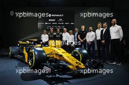 (L to R): Bob Bell (GBR) Renault Sport F1 Team Chief Technical Officer; Nico Hulkenberg (GER) Renault Sport F1 Team; Jolyon Palmer (GBR) Renault Sport F1 Team; Jerome Stoll (FRA) Renault Sport F1 President; Alain Prost (FRA); Mandhir Singh, Castol COO; Sergey Sirotkin (RUS) Renault Sport F1 Team Third Driver; Thierry Koskas, Renault Executive Vice President of Sales and Marketing; Pepijn Richter, Microsoft Director of Product Marketing; Tommaso Volpe, Infiniti Global Director of Motorsport; Cyril Abiteboul (FRA) Renault Sport F1 Managing Director, and the Renault Sport F1 Team RS17. 21.02.2017. Renault Sport Formula One Team RS17 Launch, Royal Horticultural Society Headquarters, London, England.