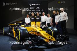 (L to R): Bob Bell (GBR) Renault Sport F1 Team Chief Technical Officer; Nico Hulkenberg (GER) Renault Sport F1 Team; Jolyon Palmer (GBR) Renault Sport F1 Team; Jerome Stoll (FRA) Renault Sport F1 President; Alain Prost (FRA); Sergey Sirotkin (RUS) Renault Sport F1 Team Third Driver; Thierry Koskas, Renault Executive Vice President of Sales and Marketing; Cyril Abiteboul (FRA) Renault Sport F1 Managing Director, and the Renault Sport F1 Team RS17. 21.02.2017. Renault Sport Formula One Team RS17 Launch, Royal Horticultural Society Headquarters, London, England.