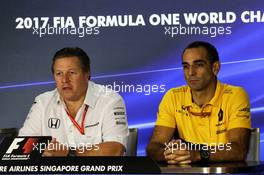 (L to R): Zak Brown (USA) McLaren Executive Director with Cyril Abiteboul (FRA) Renault Sport F1 Managing Director in the FIA Press Conference. 15.09.2017. Formula 1 World Championship, Rd 14, Singapore Grand Prix, Marina Bay Street Circuit, Singapore, Practice Day.